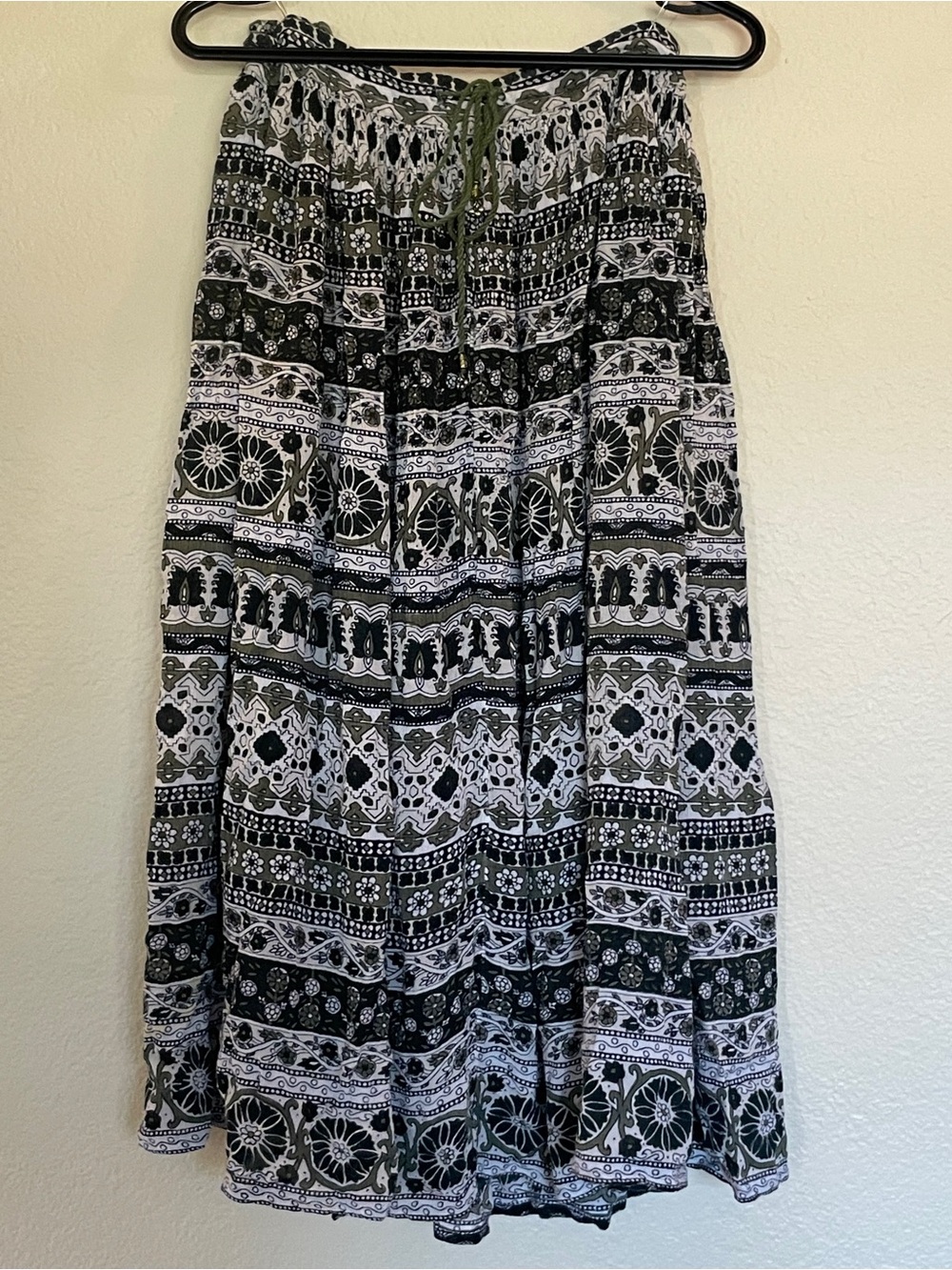 Bohemian Tiered Maxi Skirt in Black and Olive
